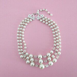 Glass Pearl Bead Necklace Triple Strand Crystals